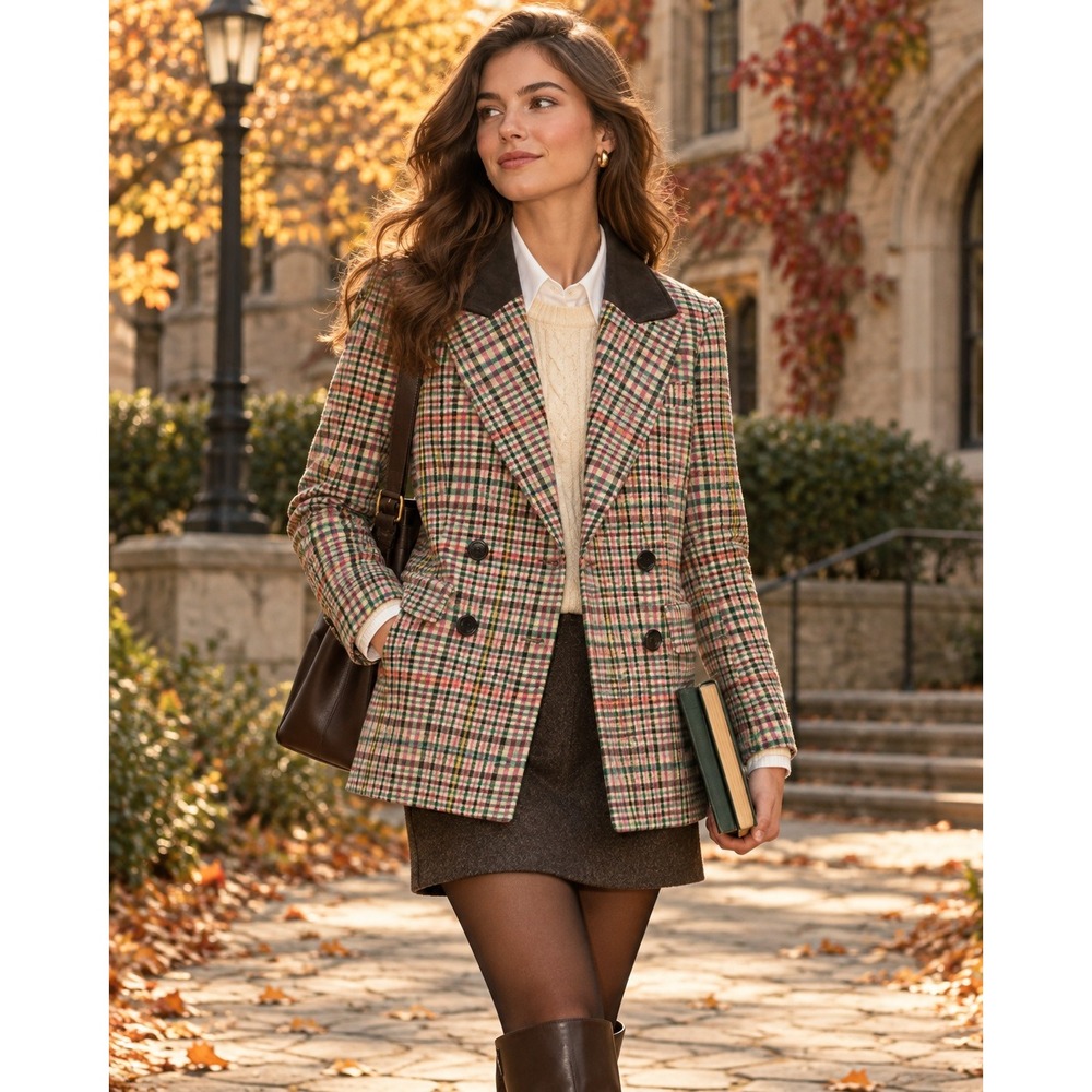 Avec Les Filles Womens Plaid Double Breasted Blazer Elbow Patches Green Pink M